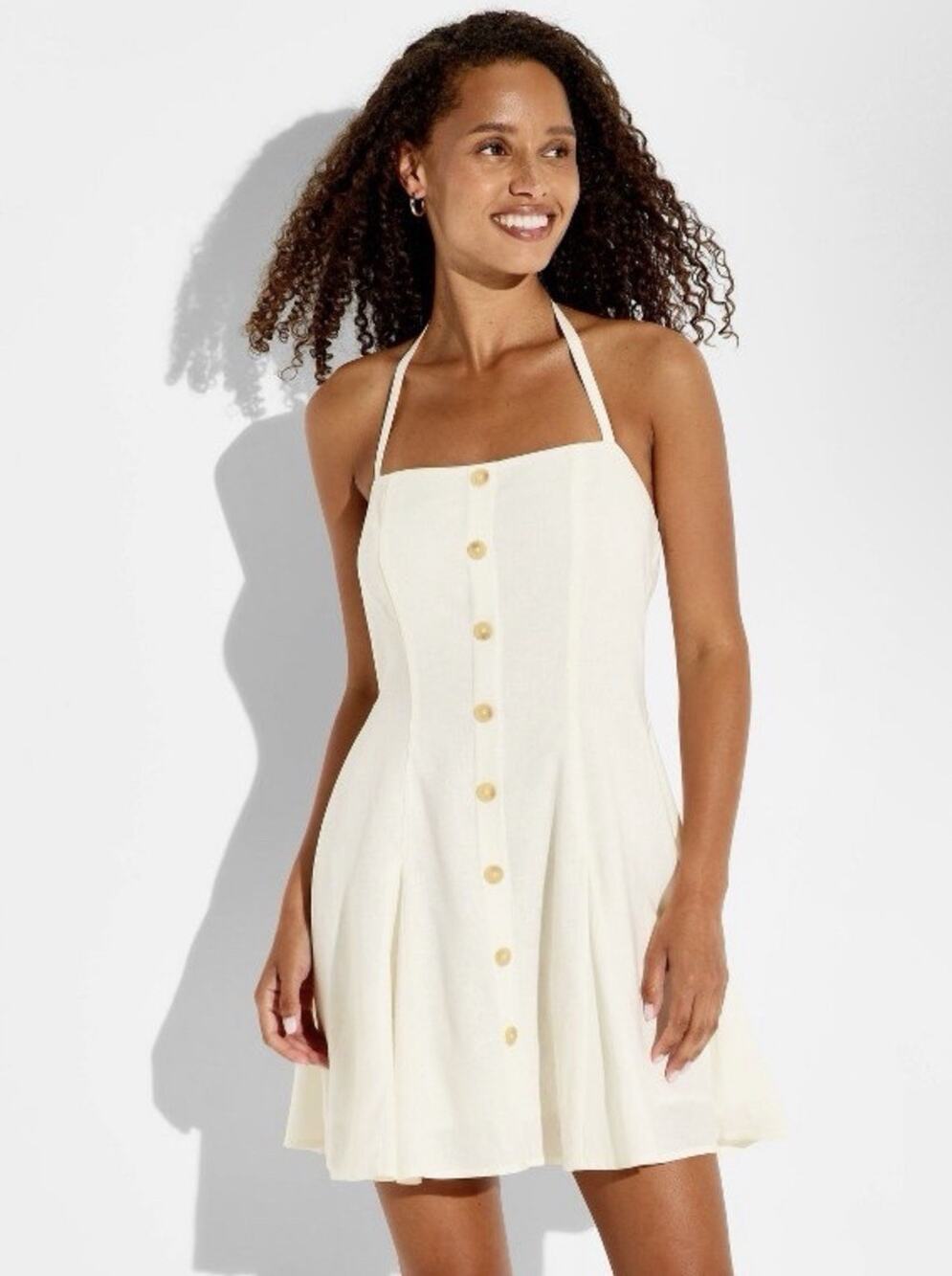 NWT White Halter Mini Dress Women’s Button Front Smocked Back Rayon Linen Small